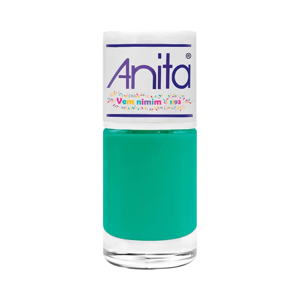 Frasco de esmalte Anita Carnaval Vem Nimim verde vibrante com tampa branca e rótulo colorido